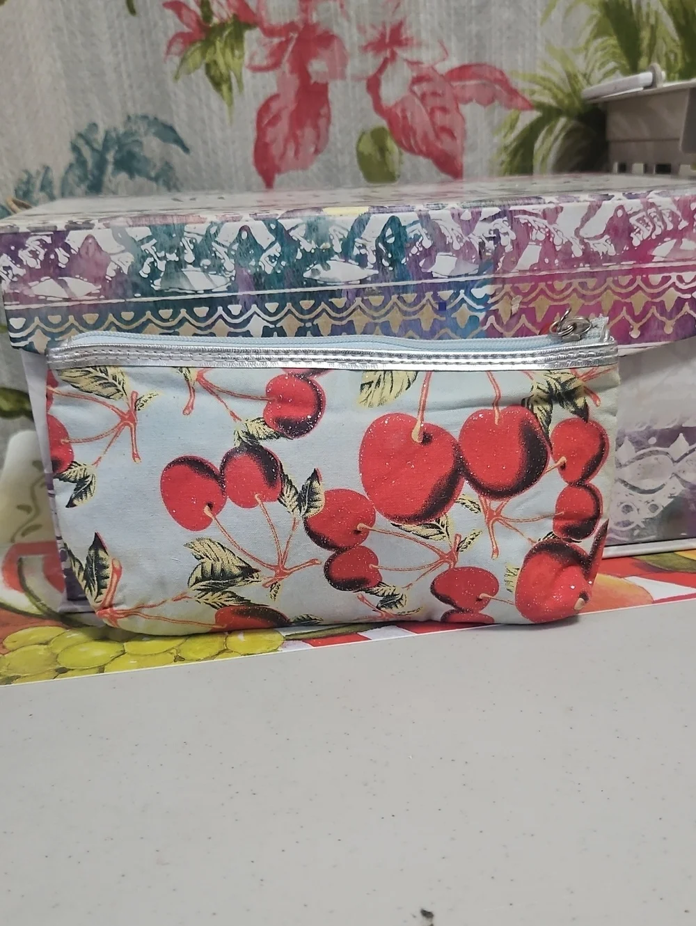 Worldwide Dreams LLC Cherry Makeup Bag Very Cute W Sparkles BALL CHERRY zipper